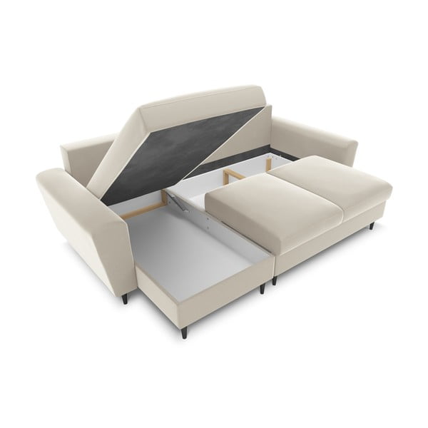 Bézs bársony kinyitható tárolóhelyes sarokkanapé Kyoto – Cosmopolitan Design-image-2