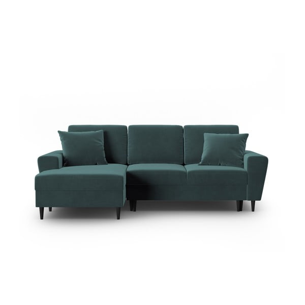 Petróleum színű bársony kinyitható tárolóhelyes sarokkanapé (bal oldali-heverő résszel) Kyoto – Cosmopolitan Design