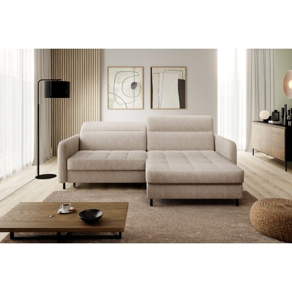Bézs zsenília kinyitható-tárolóhelyes sarokkanapé (jobb oldali-heverő résszel) Gomsi – ELTAP-image-1
