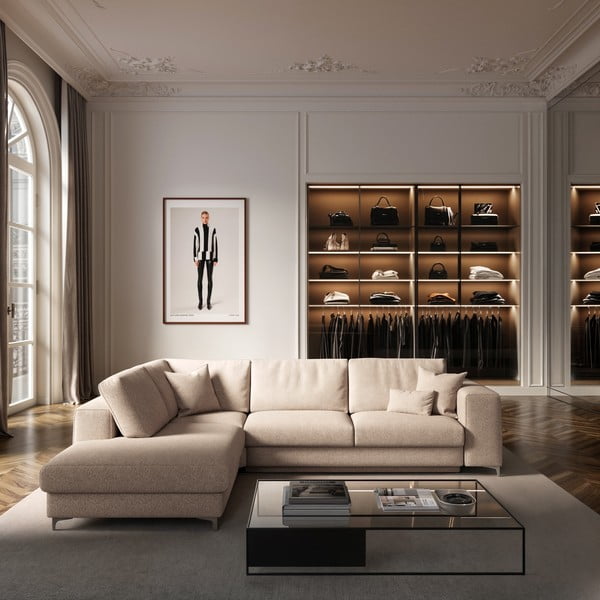 Bézs buklé kinyitható tárolóhelyes sarokkanapé (bal oldali-L alakú) Rene – Rodier-image-1