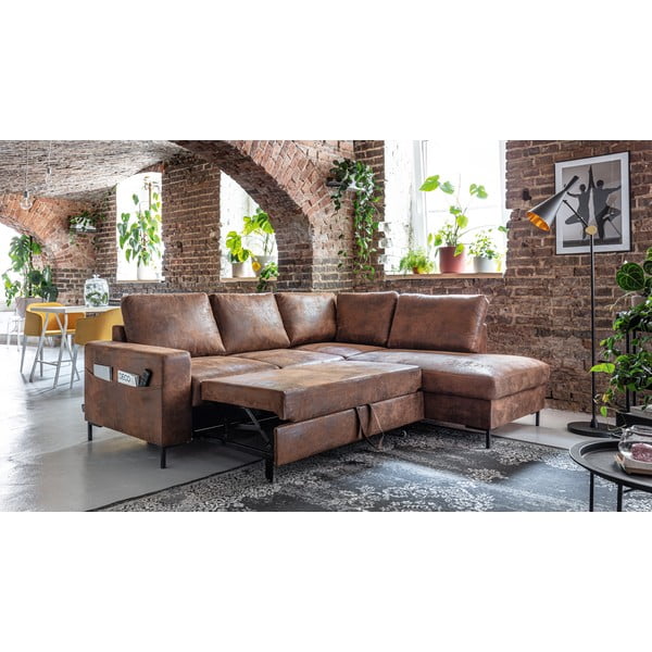 Barna bőrutánzat kinyitható sarokkanapé (jobb oldali) Lofty Lilly – Miuform-image-4