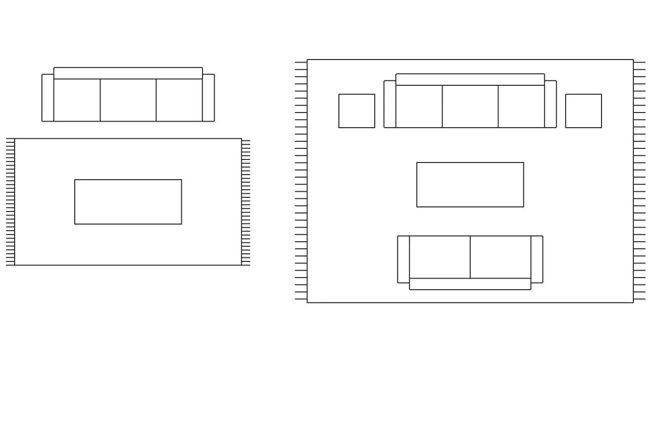Nagyobb nappaliba olyan szőnyeget érdemes választani, amely túlnyúlik az ülőbútorok területén.