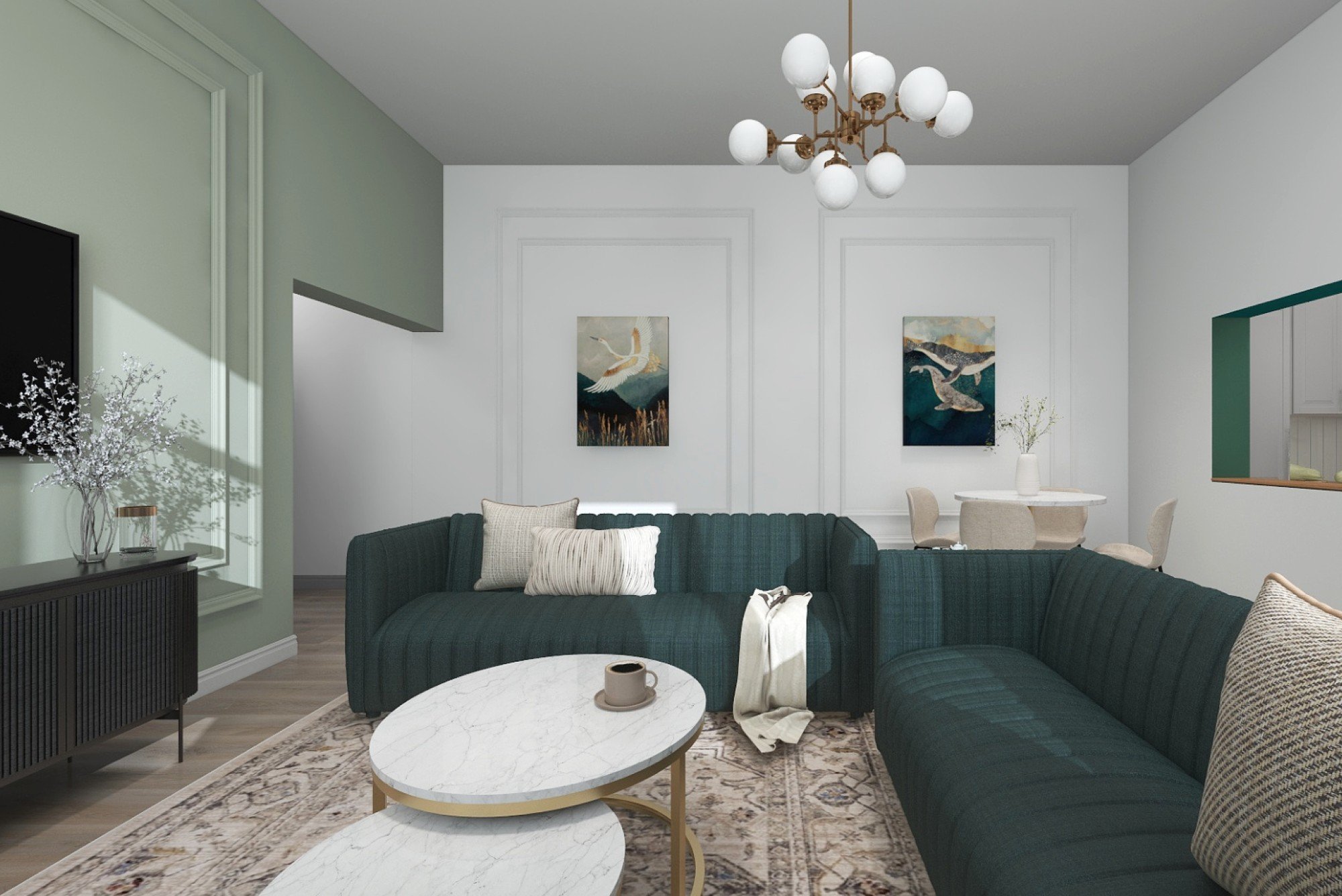 A hangsúlyos kanapét már a tervezés során a nappali természetes középpontjaként jelölték ki, körülötte zajlik a mindennapi élet. A színek és a bútorok elrendezése egyaránt a nyitottság és a kényelem érzetét erősíti.