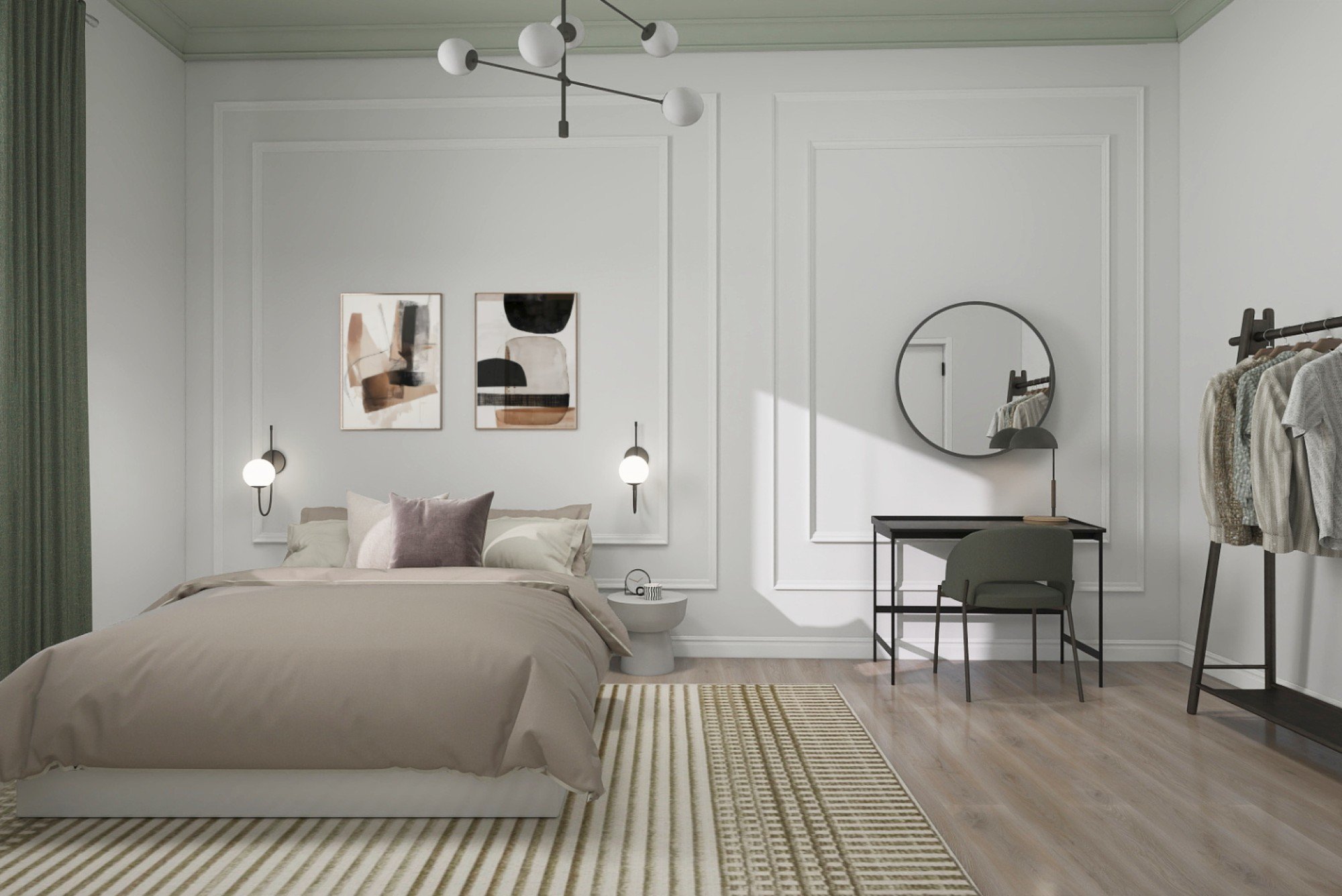 A terv finom színvilágra és a tér okos tagolására épít, ahol a hálószoba és a dolgozósarok természetes módon működik egymás mellett.