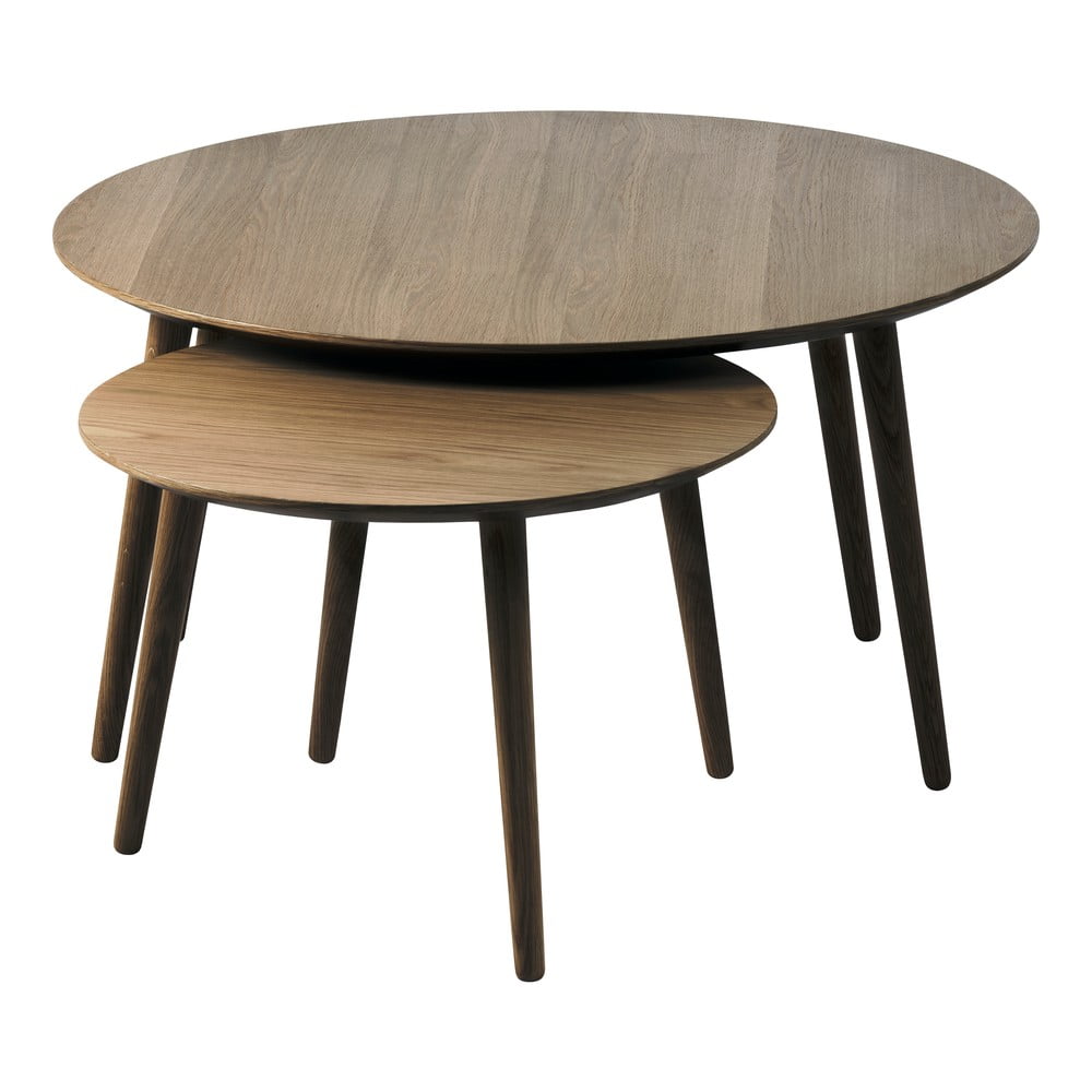 Barna kerek dohányzóasztal szett tölgyfa dekorral 2 db-os ø 88 cm Adda – Unique Furniture