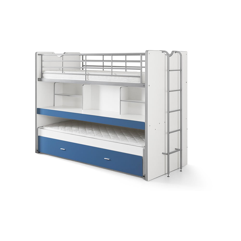 Fehér-kék emeletes ágyneműtartós gyerekágy kihúzható pótággyal, ágyráccsal 90x200 cm Bonny – Vipack