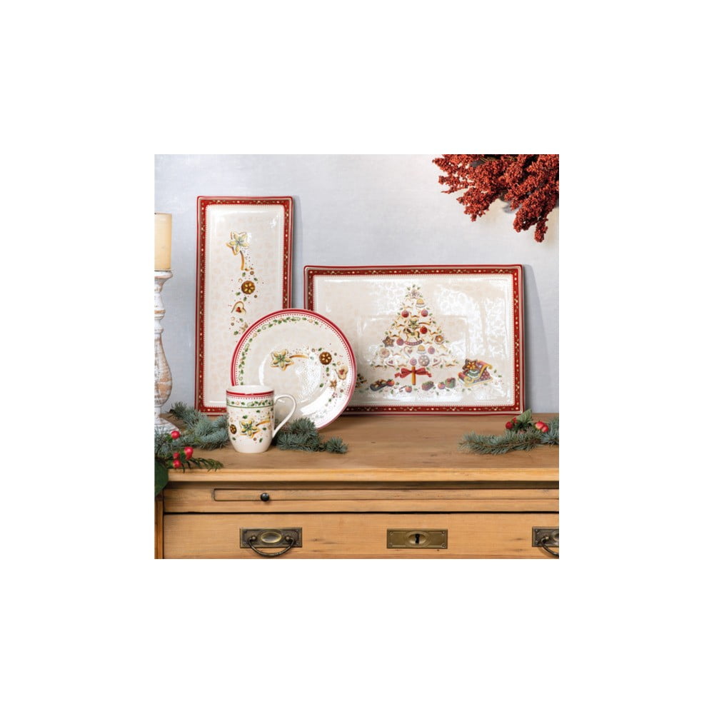 Piros-bézs porcelán szervírozó tányér karácsonyi motívummal, 39,7 x 17,3 cm - Villeroy & Boch