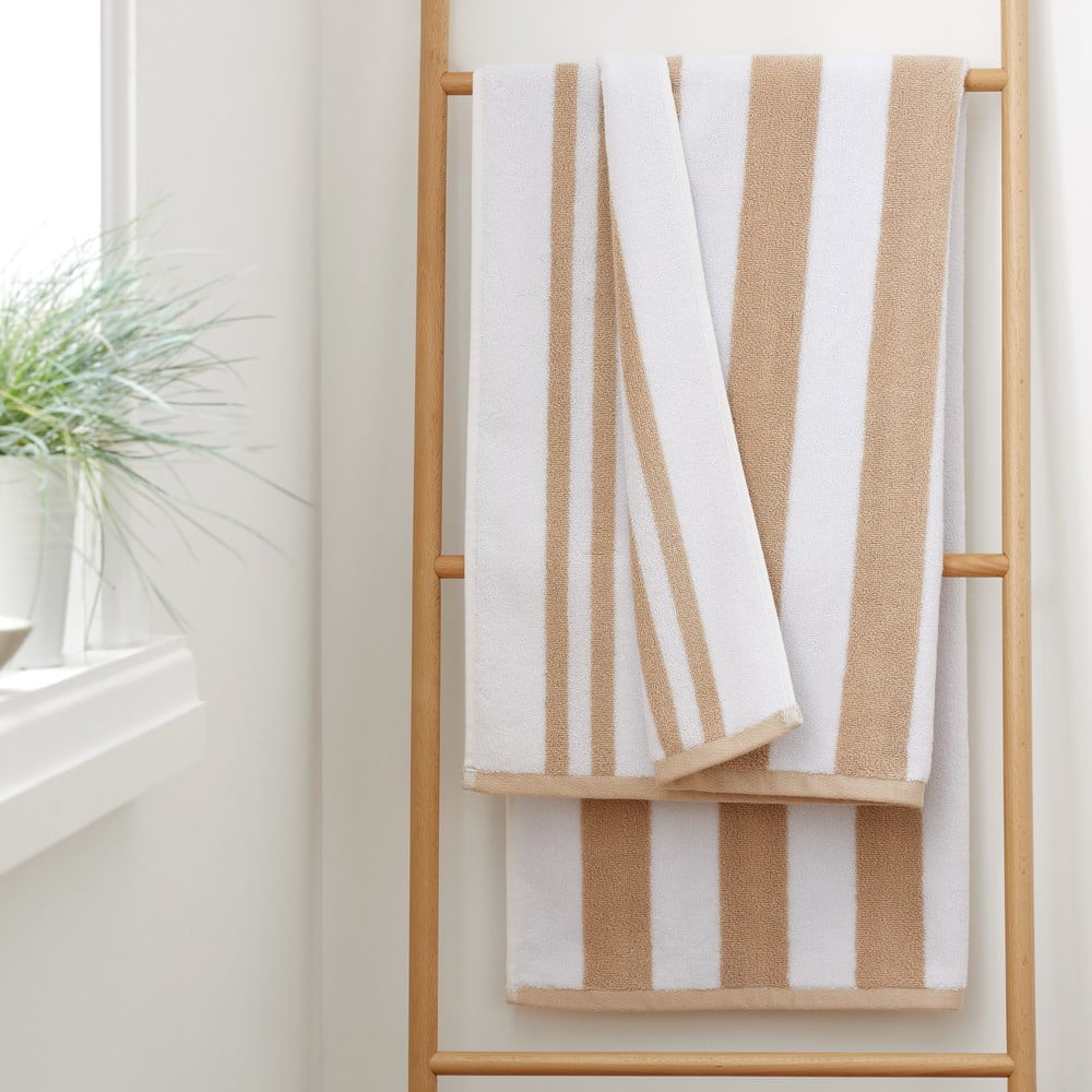 Fehér-bézs pamut fürdőlepedő 70x120 cm Stripe Jacquard – Bianca