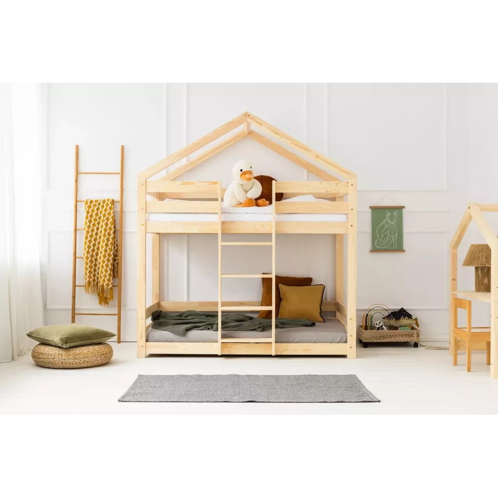 Natúr színű házikó alakú-emeletes gyerekágy ágyráccsal 90x190 cm DMPN – Adeko