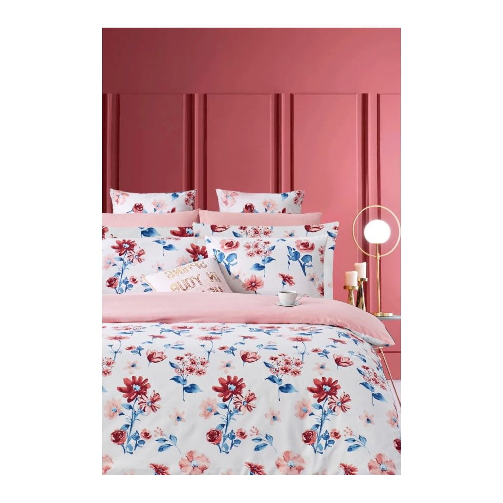 Fehér-rózsaszín kétszemélyes hosszabbított négyrészes renforcé pamut ágyneműhuzat lepedővel 200x220 cm – Mila Home