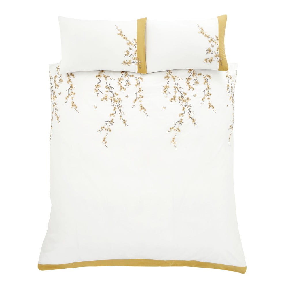 Embroidered Blossom fehér-sárga ágyneműhuzat, 220 x 230 cm - Catherine Lansfield