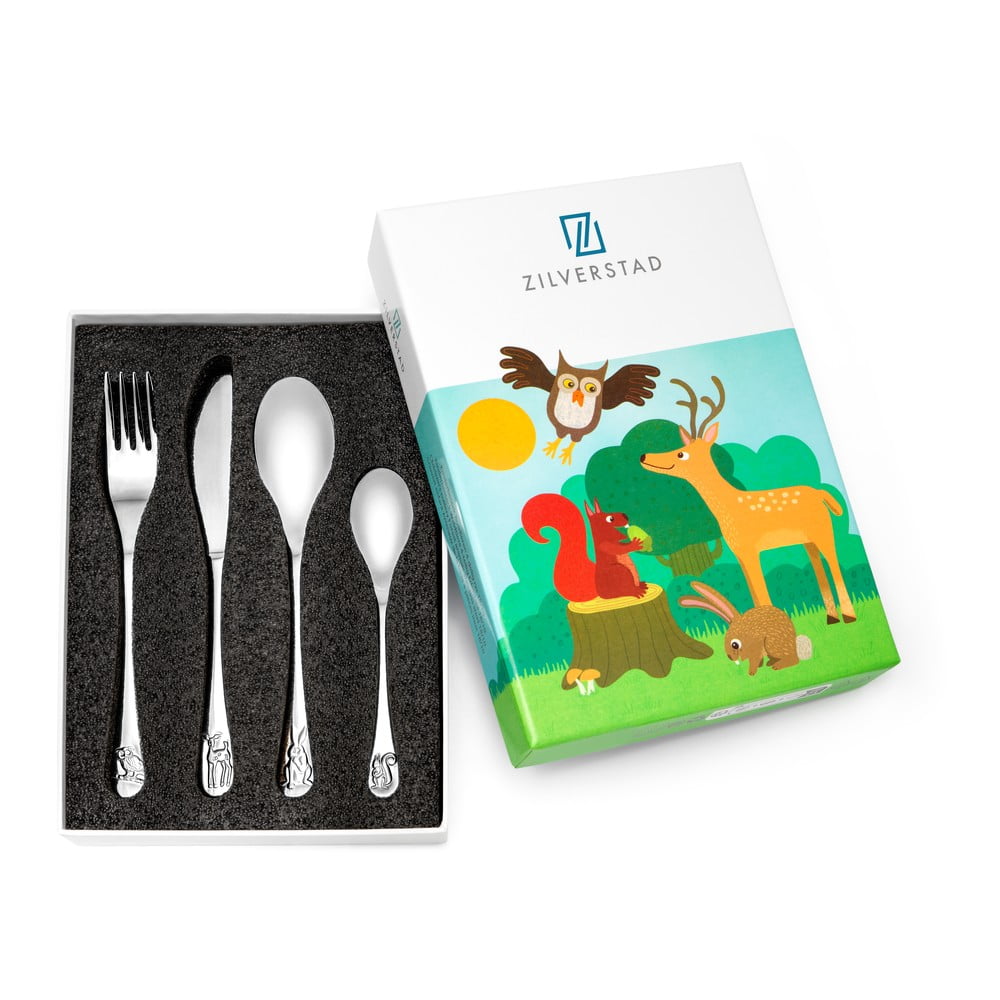Ezüstszínű rozsdamentes acél gyerek evőeszköz készlet 4 db-os Forest Animals – Zilverstad