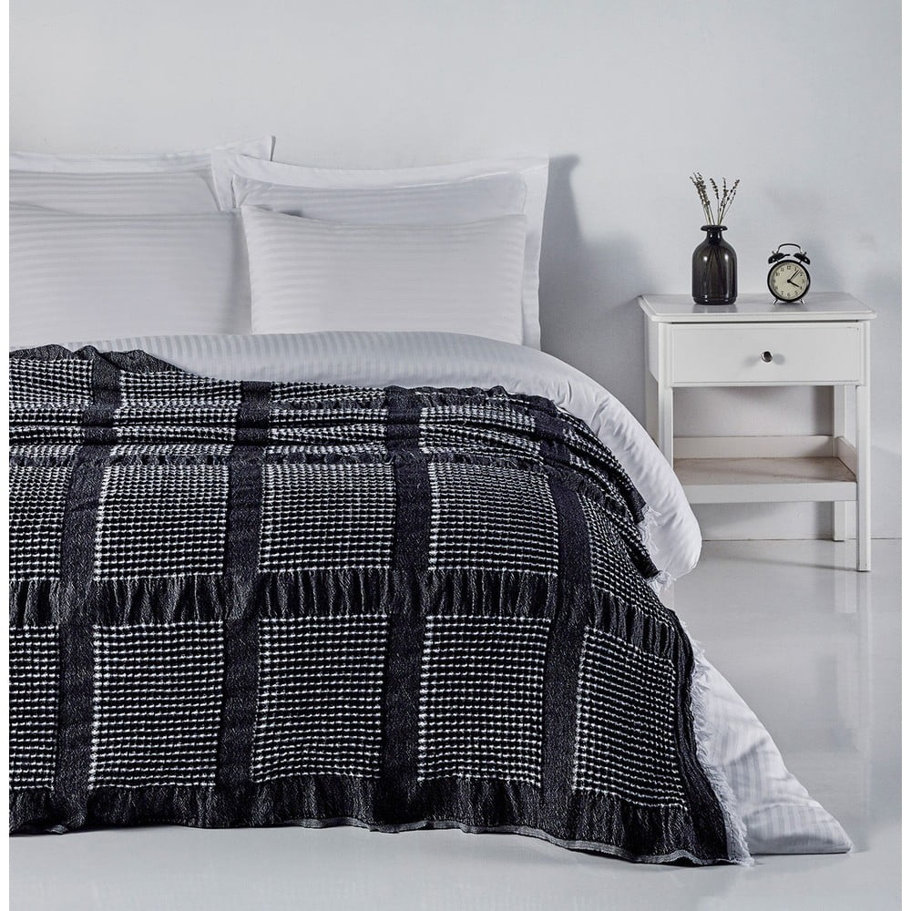 Fekete pamut ágytakaró franciaágyra 230x250 cm Waffle – Mijolnir