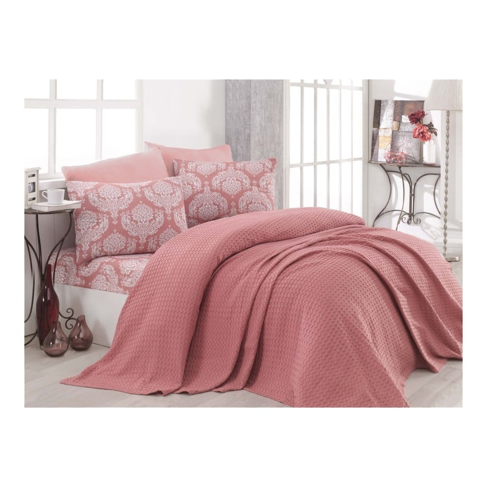 Turro Messo kétszemélyes rózsaszín pamut ágytakaró lepedővel és 2 párnahuzattal, 200 x 235 cm