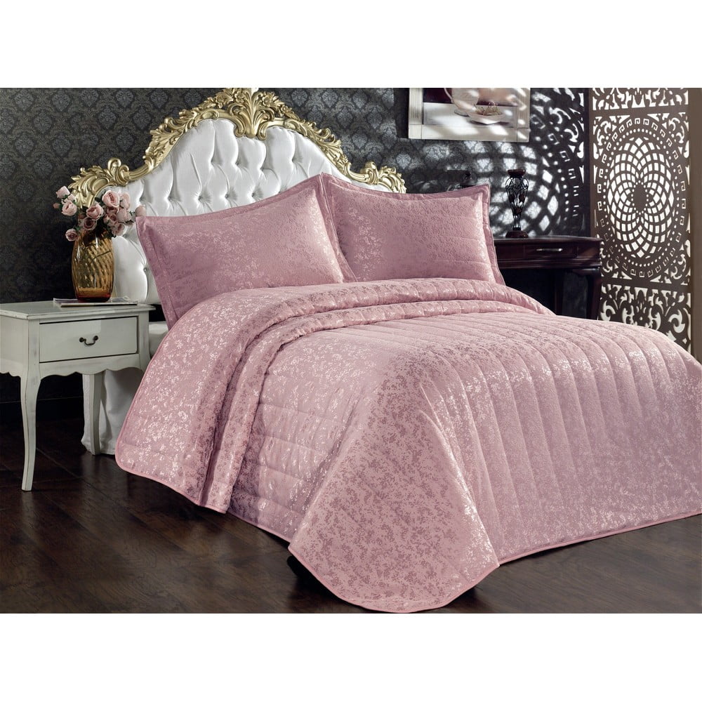 Rózsaszín pamut steppelt ágytakaró és párnahuzat szett franciaágyra 240x260 cm bulut – mijolnir