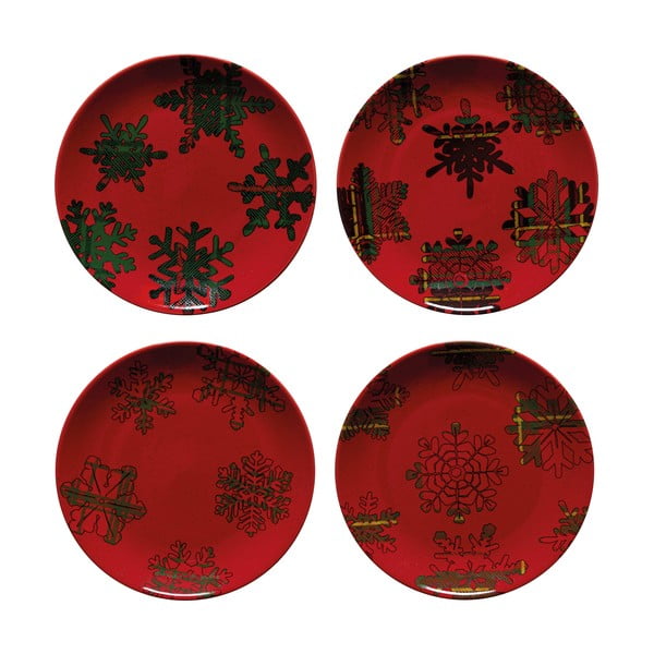 Snowflake 4 db-os piros-fekete agyagkerámia desszertes tányér szett, ø 21,6 cm - Casafina