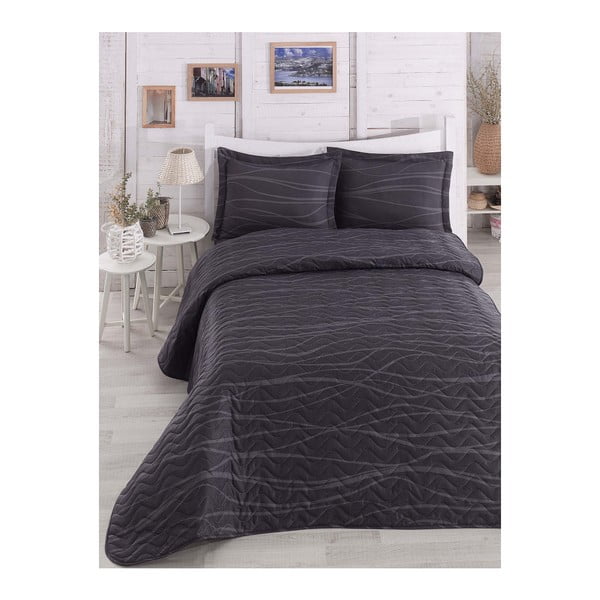 Verda Grey sötétszürke kétszemélyes steppelt ágytakaró párnahuzattal, 200 x 220 cm