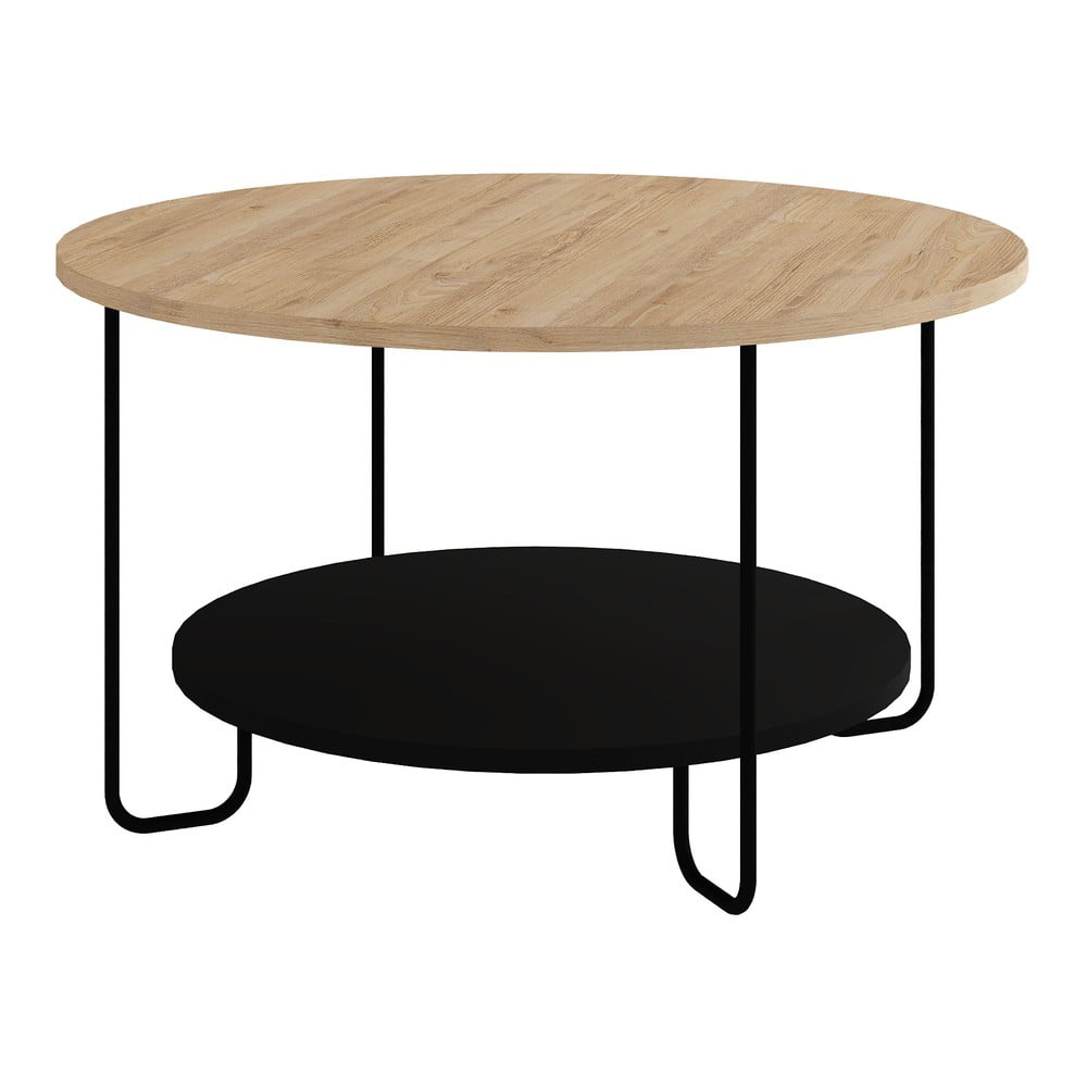 Fekete-natúr színű kerek dohányzóasztal tölgyfa dekoros asztallappal ø 80 cm tonka – marckeric