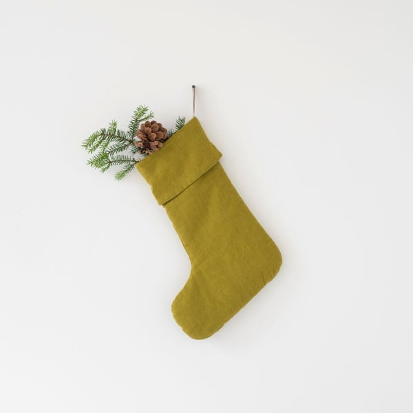 Christmas Stocking karácsonyi zöld len függődísz - Linen Tales