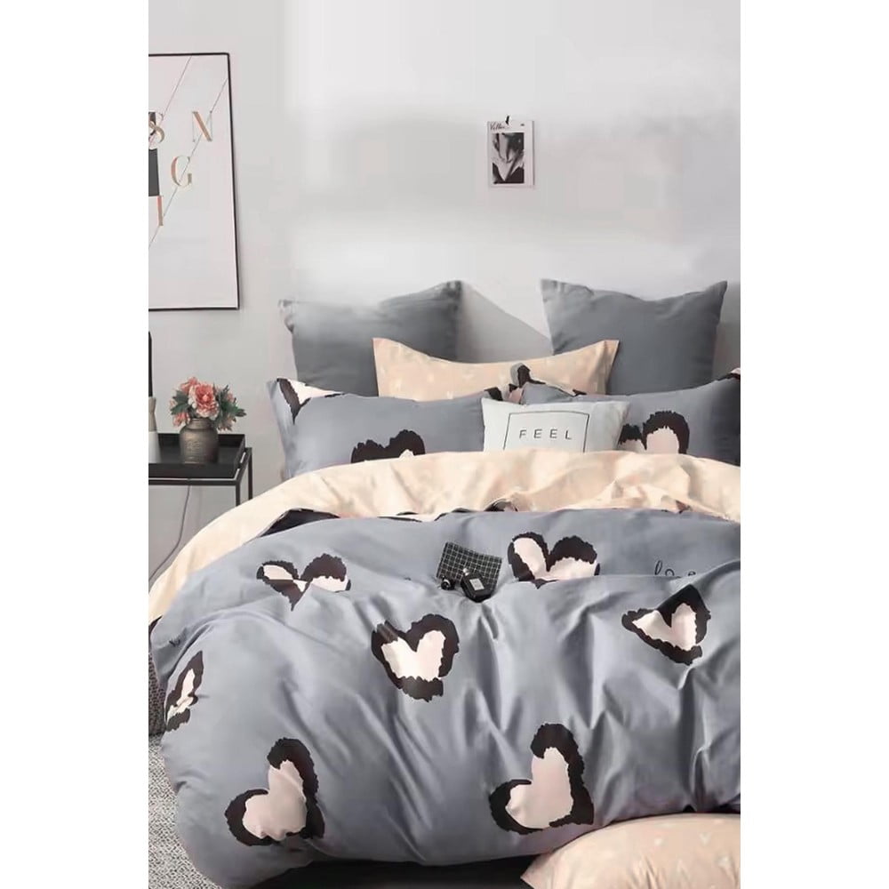Szürke-bézs kétszemélyes hosszabbított négyrészes renforcé pamut ágyneműhuzat lepedővel 200x220 cm Double Heart – Mila Home