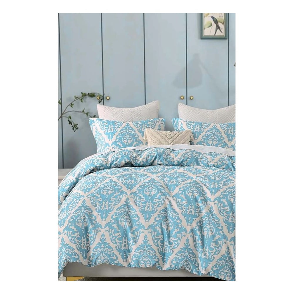Kék-szürke négyrészes kétszemélyes hosszabbított renforcé pamut ágyneműhuzat lepedővel 200x220 cm Damask – Mila Home