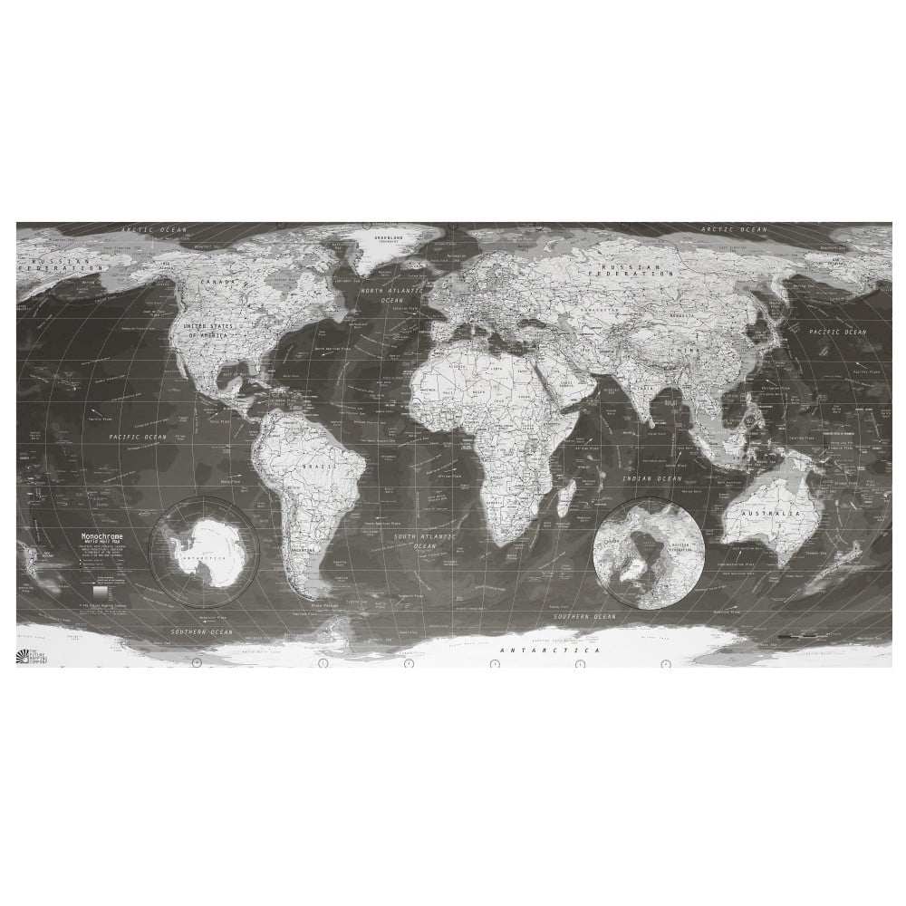 Monochrome World Map világtérkép áttetsző borítással, 130 x 72 cm - The Future Mapping Company