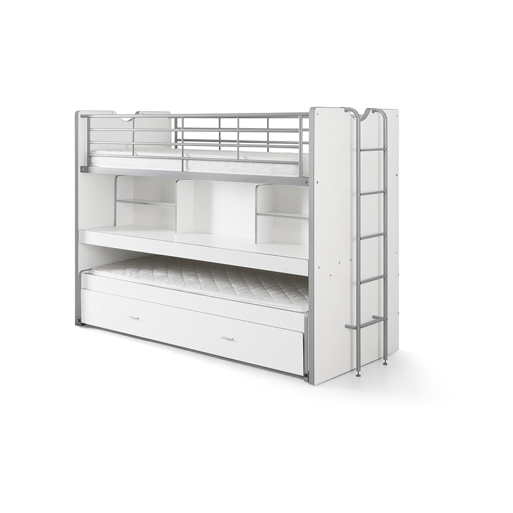 Fehér emeletes ágyneműtartós gyerekágy kihúzható pótággyal, ágyráccsal 90x200 cm Bonny – Vipack