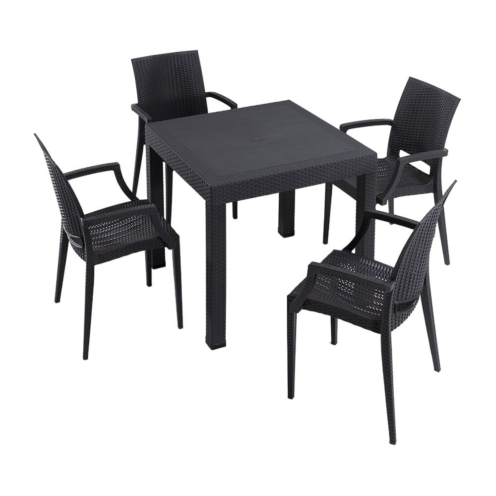 Antracitszürke műrattan négyszemélyes kerti étkezőgarnitúra Rattan – Floriane Garden