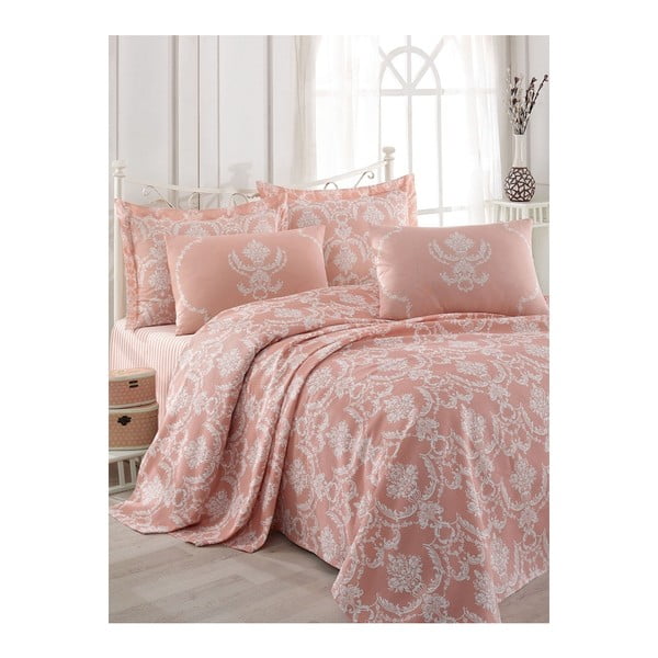 Anna lazac rózsaszín kétszemélyes pamut ágytakaró lepedővel és párnahuzattal, 200 x 235 cm