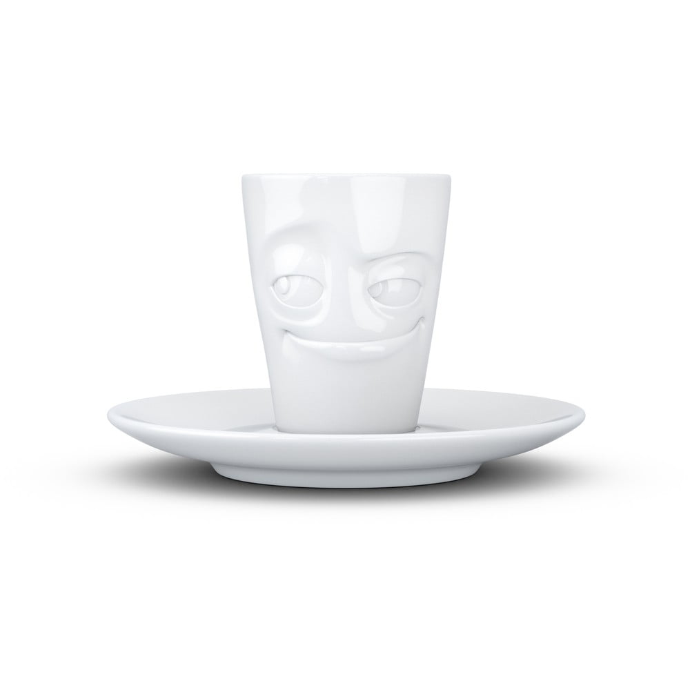 Fehér 'mosolygós' porcelán csésze és alátét, 80 ml - 58products