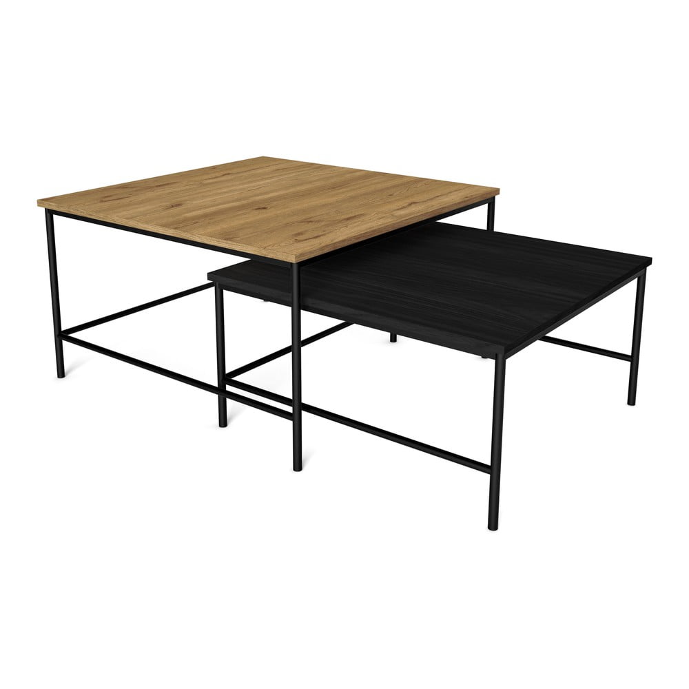Fekete-natúr színű dohányzóasztal szett tölgyfa dekoros asztallappal 2 db-os 80x80 cm  fiorenza – marckeric