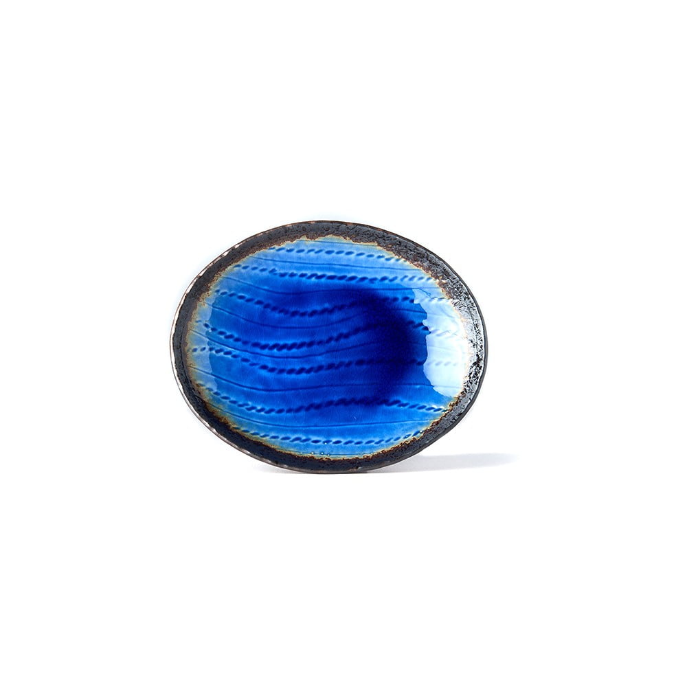 Cobalt kék ovális kerámia tányér, 24 x 20 cm - MIJ