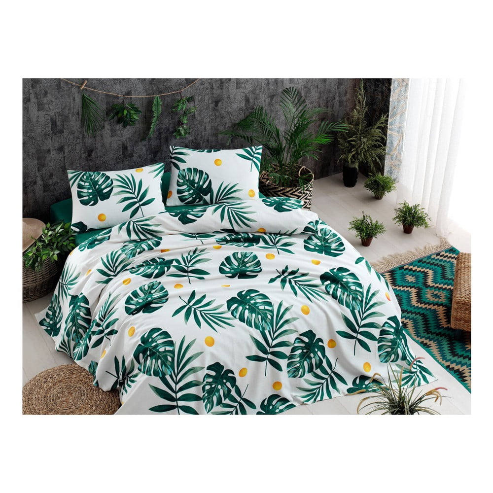 Monstera Green pamut ágytakaró lepedővel és 2 párnahuzattal, 200 x 235 cm
