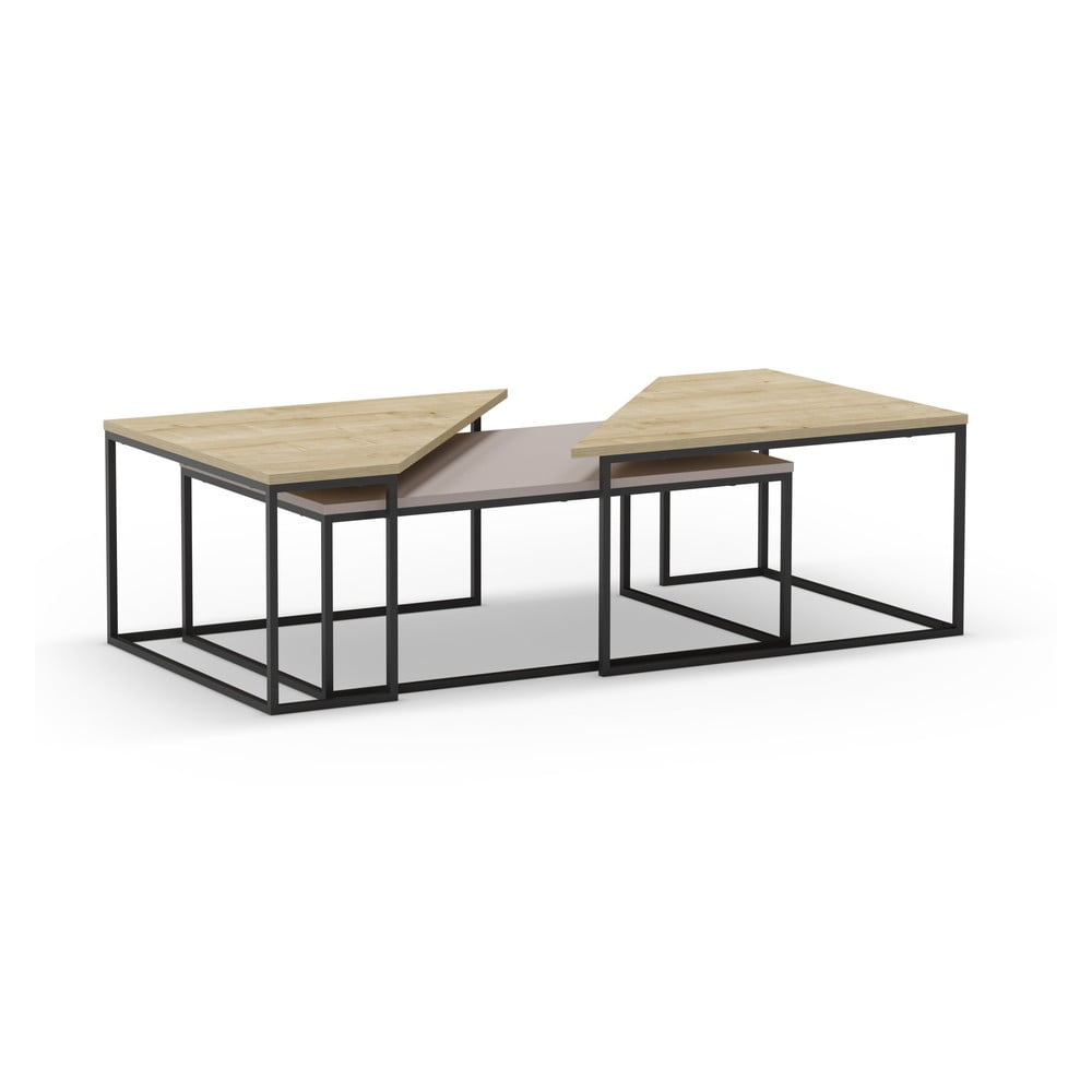 Dohányzóasztal szett tölgyfa dekoros asztallappal, 3 db-os 70x110 cm Titan – Marckeric