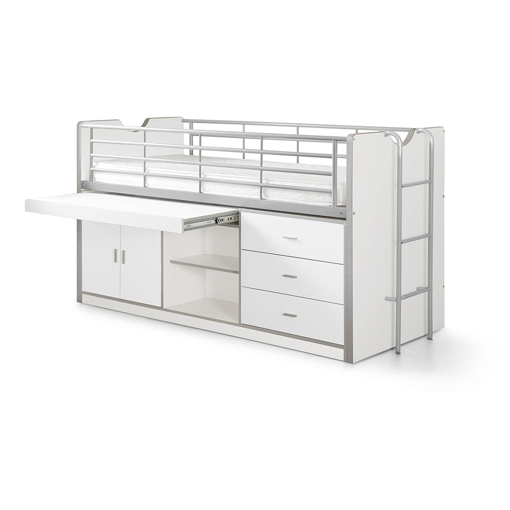 Fehér ágyneműtartós galéria gyerekágy íróasztallal, ágyráccsal 90x200 cm Bonny – Vipack