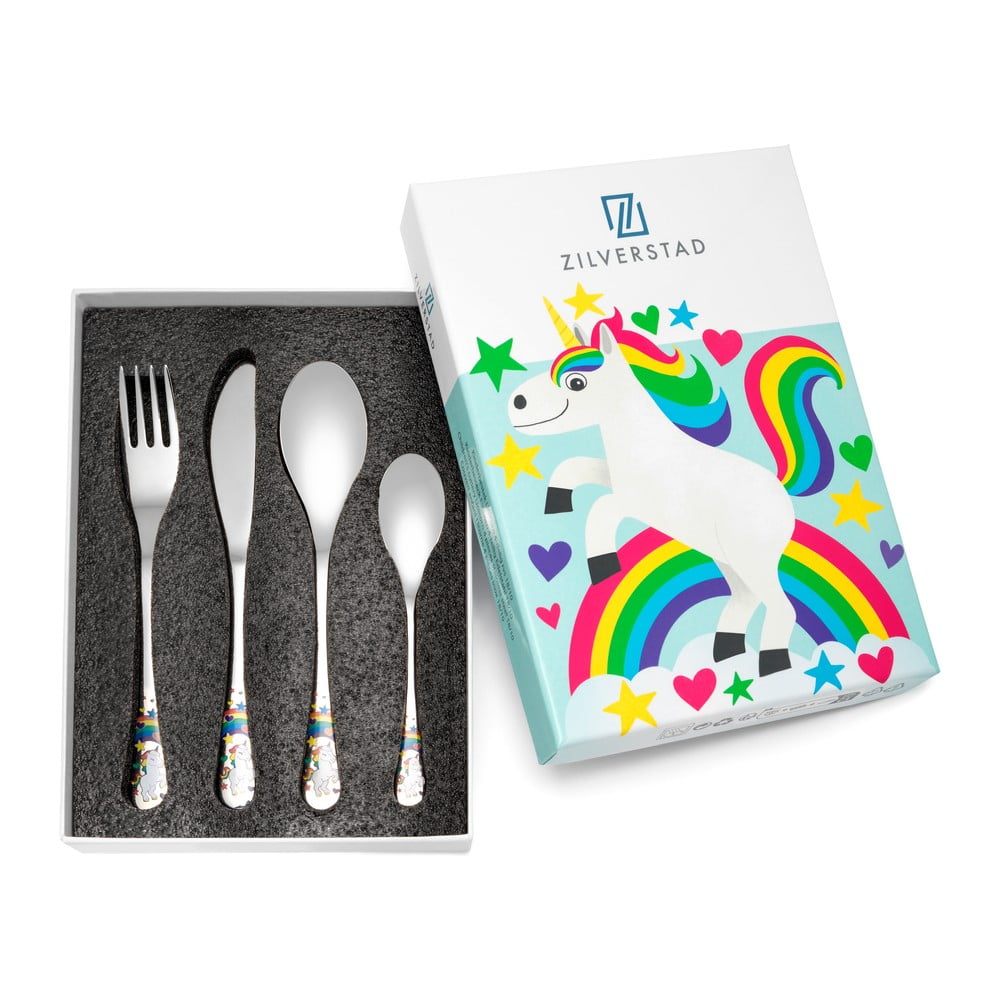 Ezüstszínű rozsdamentes acél gyerek evőeszköz készlet 4 db-os Unicorn – Zilverstad
