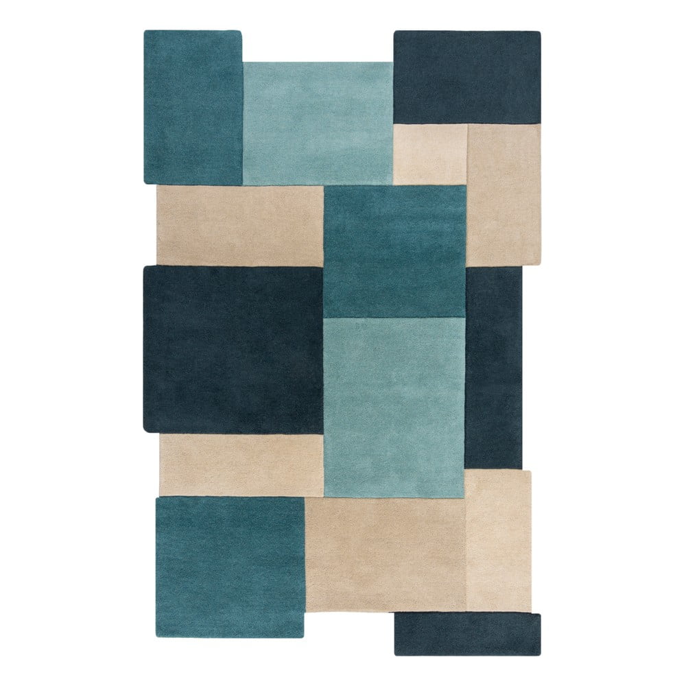 Kék-bézs gyapjú szőnyeg 180x120 cm abstract collage - flair rugs
