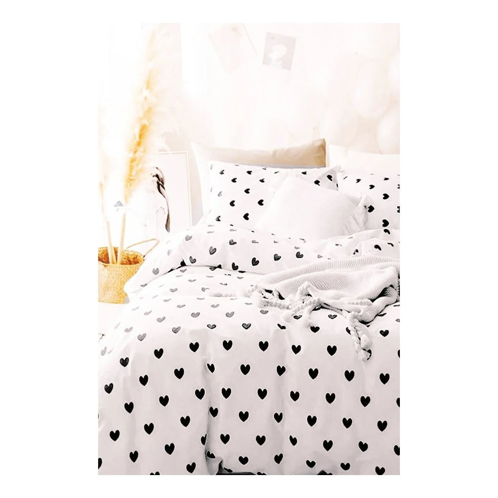 Fehér egyszemélyes hosszabbított háromrészes renforcé pamut ágyneműhuzat lepedővel 160x220 cm Mini Hearts – Mila Home