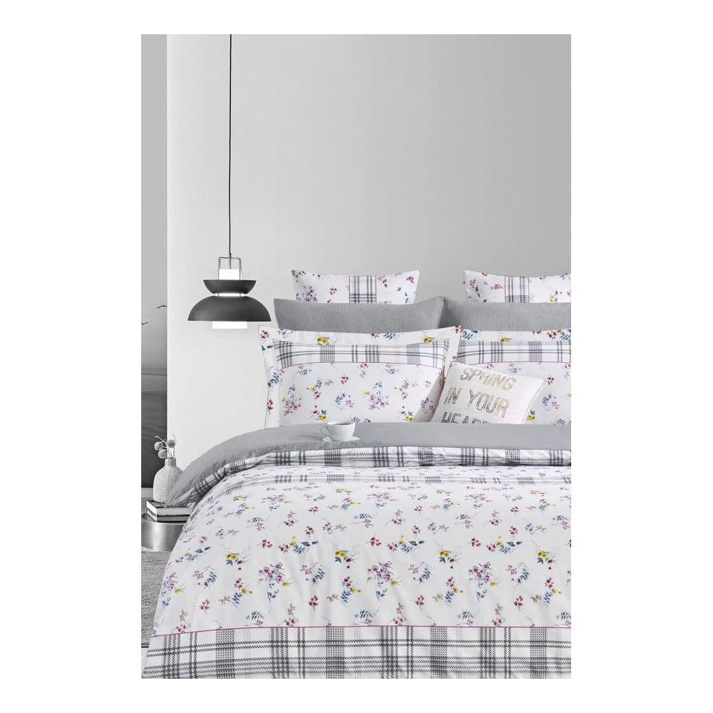 Fehér-szürke kétszemélyes hosszabbított négyrészes renforcé pamut ágyneműhuzat lepedővel 200x220 cm – Mila Home