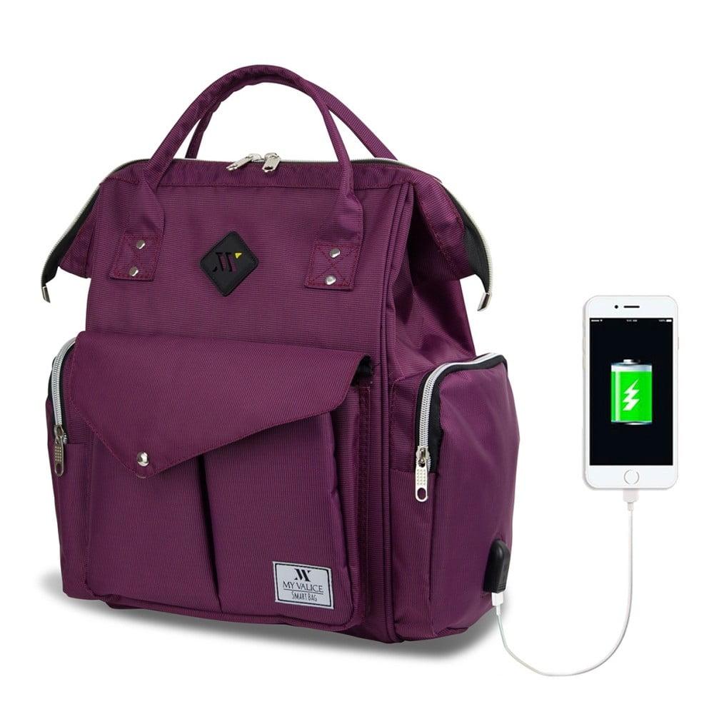 HAPPY MOM Baby Care Backpack lila hátizsák anyukáknak USB csatlakozóval - My Valice