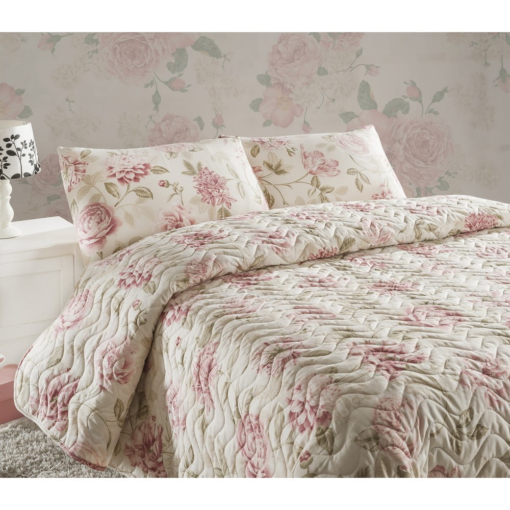 Care krémszínű kétszemélyes steppelt ágytakaró párnahuzattal, 200 x 220 cm