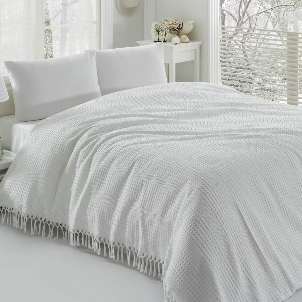 Pique fehér kétszemélyes pamut ágytakaró, 220 x 240 cm