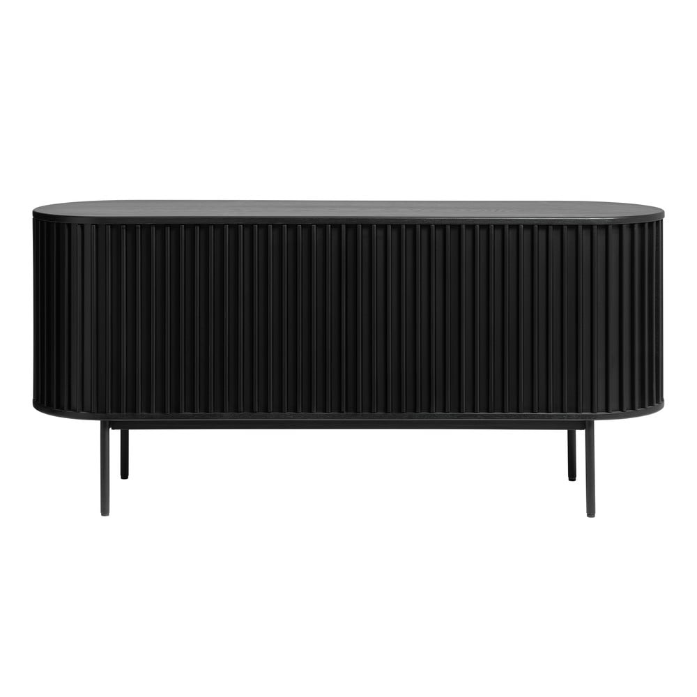 Fekete alacsony komód tolóajtóval, tölgyfa dekorral 73x160 cm siena – unique furniture