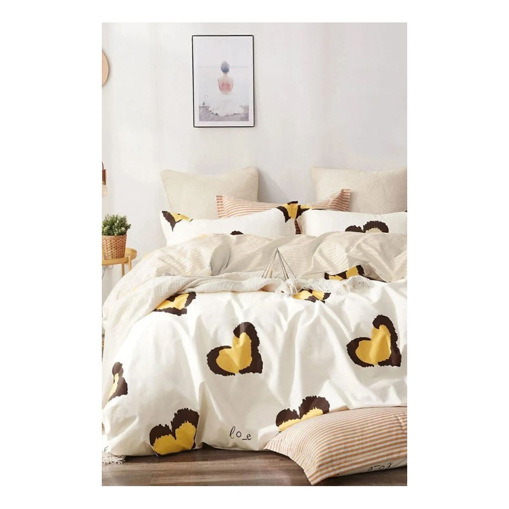 Sárga kétszemélyes hosszabbított négyrészes renforcé pamut ágyneműhuzat lepedővel 200x220 cm Double Heart – Mila Home