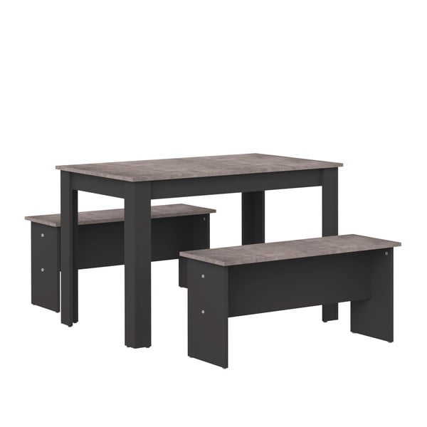 Nice fekete étkezőasztal betonmintás asztallappal és 2 paddal - Symbiosis