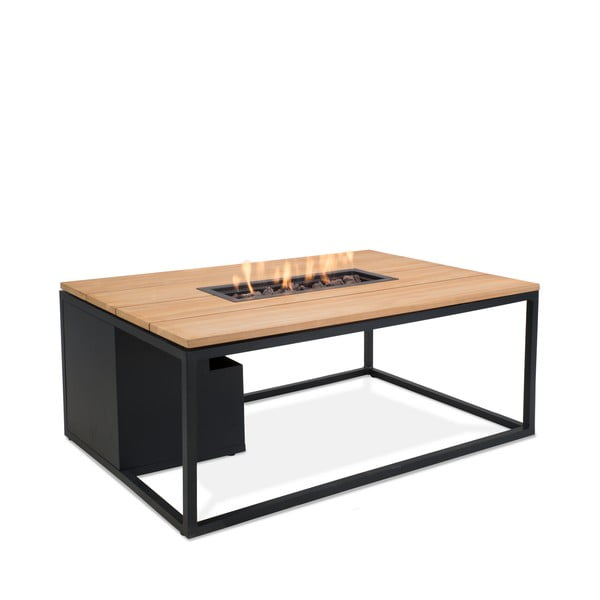 Cosiloft fekete kerti asztal teakfa asztallappal és kandallóval, 120 x 180 cm - COSI