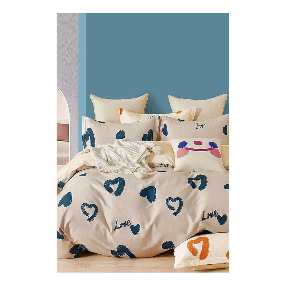 Bézs kétszemélyes hosszabbított négyrészes renforcé pamut ágyneműhuzat lepedővel 200x220 cm Amore – Mila Home