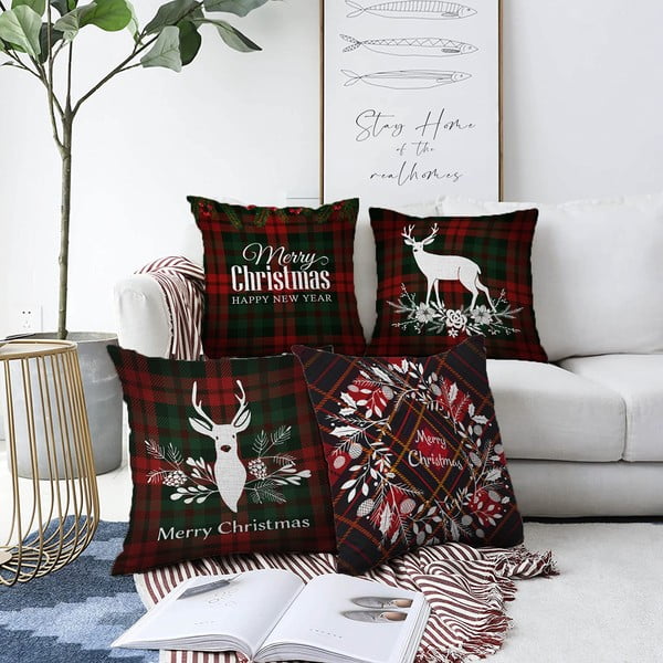 Tartan Merry Christmas 4 db-os karácsonyi zsenília párnahuzat szett, 55 x 55 cm - Minimalist Cushion Covers