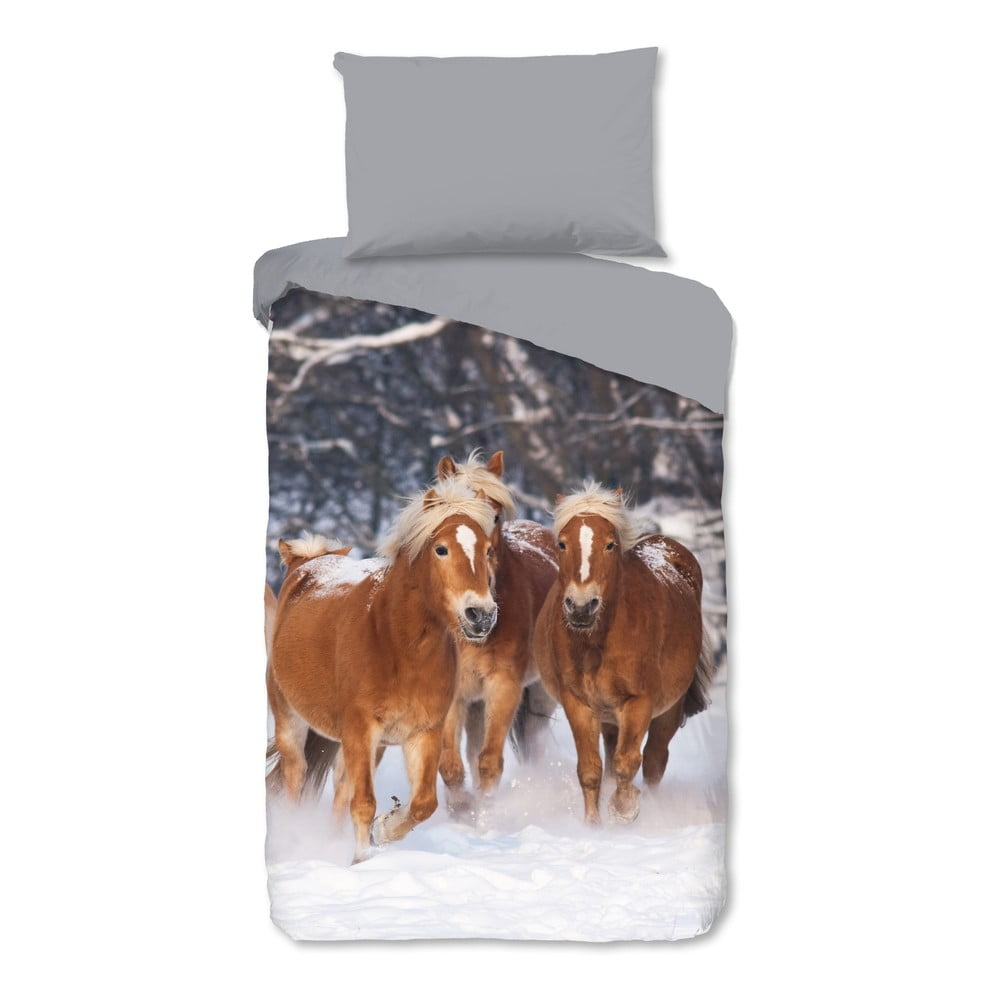 Szürke egyszemélyes flanel gyerek ágyneműhuzat 140x200 cm Happy Horses – Good Morning