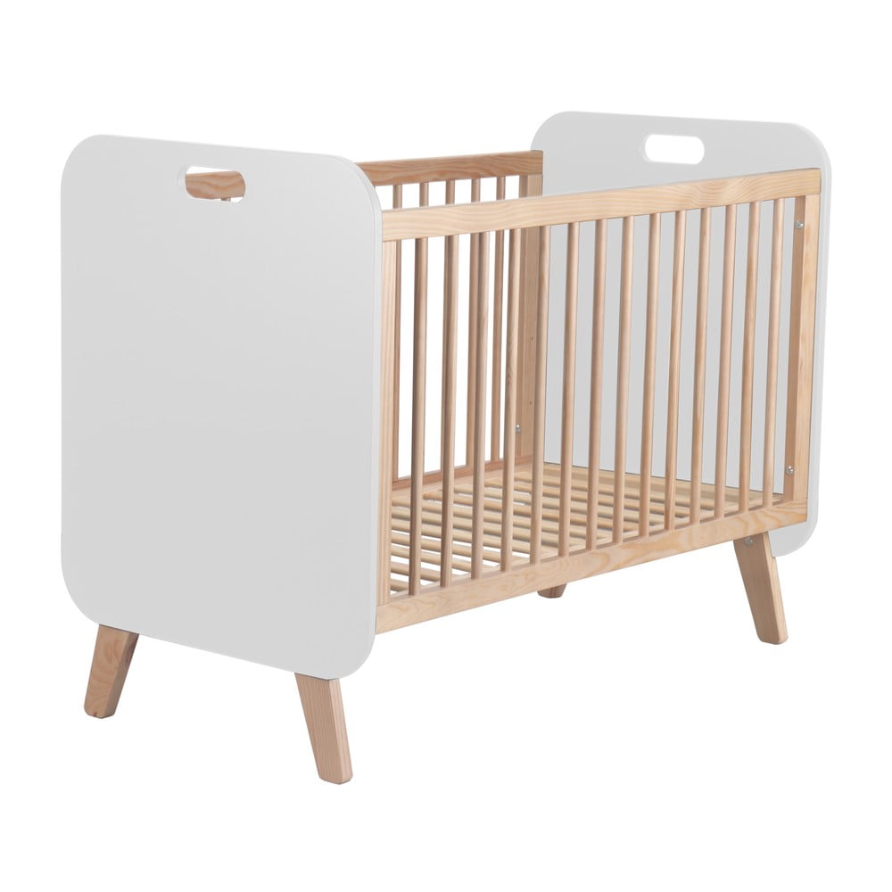 Fehér-natúr színű babaágy borovi fenyő dekorral 60x120 cm Paris – Marckeric